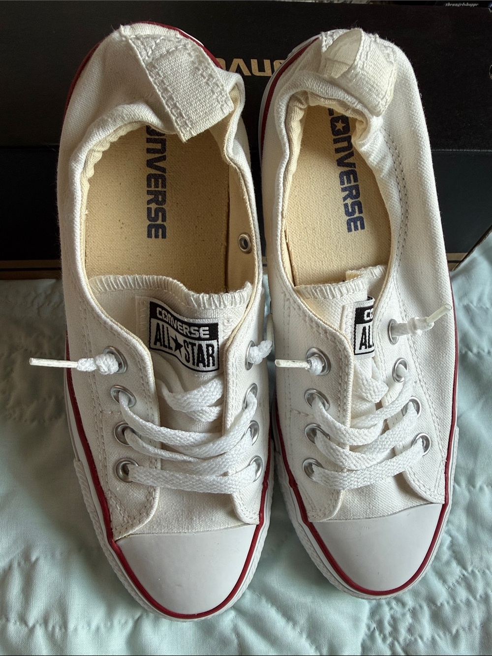 Converse Shoreline Slip-on White Canvas Sneakers with Red Trim, worn twice